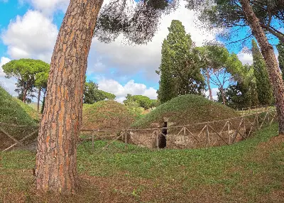 Panoramic view of burial mounds (tumuli) in the Necropolis of Banditaccia, Cerveteri – a glimpse into ancient Etruscan funerary architecture.