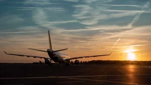 Sunset Departure Aircraft Ready for Takeoff at Rome Airport fiumicino