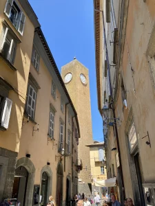 A view of Torre del Moro in Orvieto from the main street