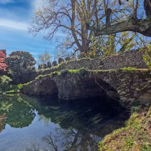 Scenic view of the Garden of Ninfa with bridge, river, and trees