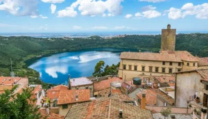 View of Nemi village with Nemi Lake in the background
