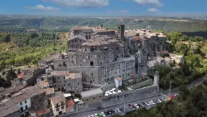 Aerial view of Bomarzo village with Orsini building visible.