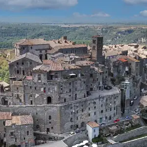 Aerial view with Dji drone of Bomarzo village with Orsini building visible