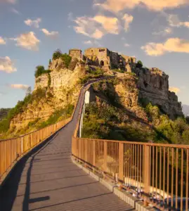 Breathtaking view of Civita di Bagnoregio from the middle of the bridge capturing the essence of this charming Italian village