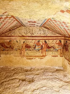 Etruscan Banquet Fresco Tomba dei Leopardi Tarquinia Scoot around Rome Fresco from the Tomba dei Leopardi in Tarquinia depicting an Etruscan banquet scene with reclining couples musicians and two leopards above